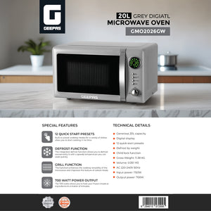 Geepas 20L  Digital Microwave Oven GMO2026GW | 700W Power | 12 Presets | Grill & Defrost Function | Child Lock | Compact & Stylish Kitchen Appliance | 2 Years Warranty