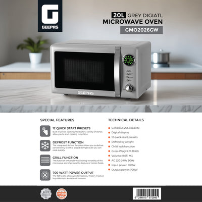 Geepas 20L  Digital Microwave Oven GMO2026GW | 700W Power | 12 Presets | Grill & Defrost Function | Child Lock | Compact & Stylish Kitchen Appliance | 2 Years Warranty