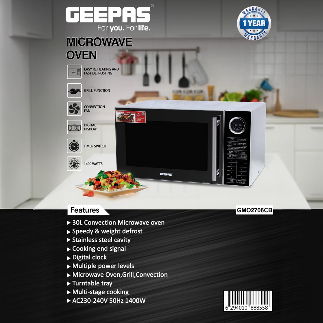 Geepas 30L Convection Microwave Oven  GMO2706CB | Grill, Microwave & Convection Functions | Digital Control | Multi-Stage Cooking | 1400W Power |  1-Year Warranty