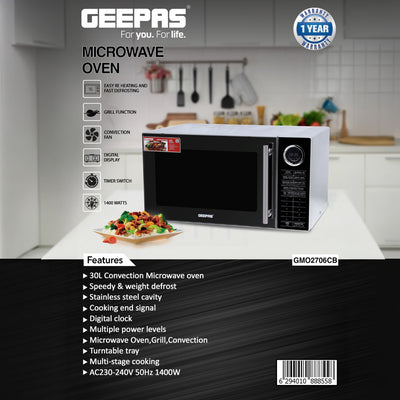 Geepas 30L Convection Microwave Oven  GMO2706CB | Grill, Microwave & Convection Functions | Digital Control | Multi-Stage Cooking | 1400W Power |  1-Year Warranty