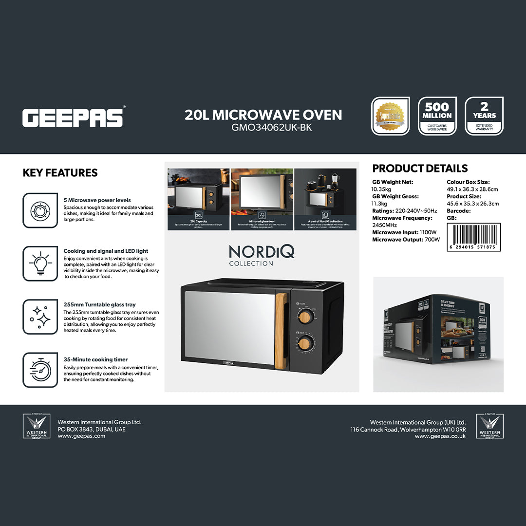 Geepas 20L Microwave Oven GMO34062UK-BK | 700W Output | 5 Power Levels | 255mm Glass Turntable | 35-Min Timer | LED Interior Light & Stylish Nordiq Collection Design