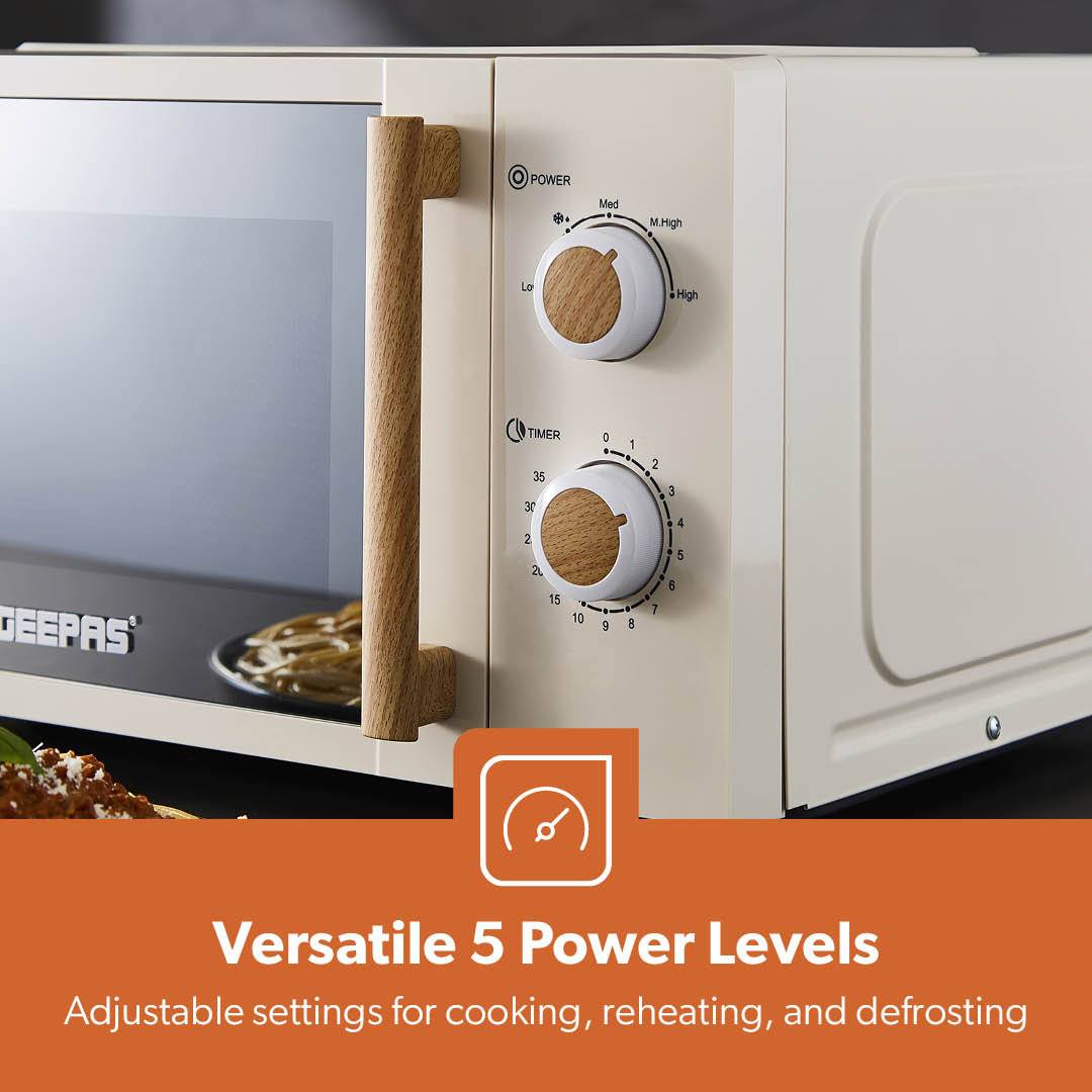 Geepas 20L Microwave Oven GMO34062UK-CR | 700W Output Power | 5 Power Levels| 255mm Glass Turntable| 35-Min Timer| LED Interior Light| Stylish Nordiq Collection Design