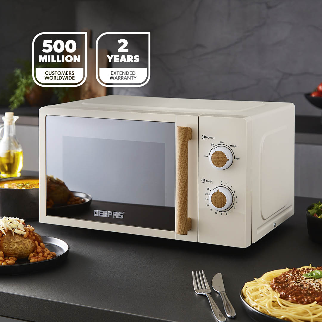 Geepas 20L Microwave Oven GMO34062UK-CR | 700W Output Power | 5 Power Levels| 255mm Glass Turntable| 35-Min Timer| LED Interior Light| Stylish Nordiq Collection Design