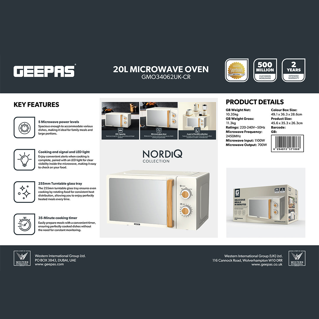 Geepas 20L Microwave Oven GMO34062UK-CR | 700W Output Power | 5 Power Levels| 255mm Glass Turntable| 35-Min Timer| LED Interior Light| Stylish Nordiq Collection Design