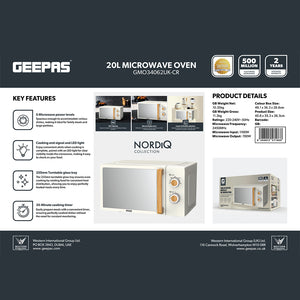 Geepas 20L Microwave Oven GMO34062UK-CR | 700W Output Power | 5 Power Levels| 255mm Glass Turntable| 35-Min Timer| LED Interior Light| Stylish Nordiq Collection Design