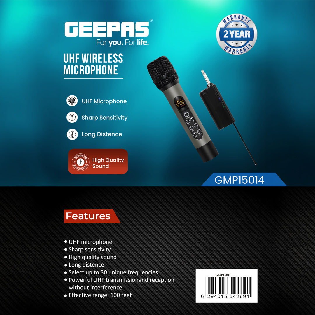 Geepas GMP15014 UHF Wireless Microphone | High Quality Sound Output with Sharp Sensitivity| Long-Distance UHF Transmission| 30 Selectable Frequencies| 2-Year Warranty