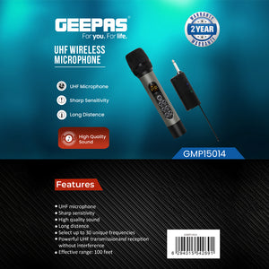Geepas GMP15014 UHF Wireless Microphone | High Quality Sound Output with Sharp Sensitivity| Long-Distance UHF Transmission| 30 Selectable Frequencies| 2-Year Warranty