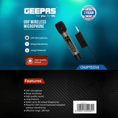 Geepas GMP15014 UHF Wireless Microphone | High Quality Sound Output with Sharp Sensitivity| Long-Distance UHF Transmission| 30 Selectable Frequencies| 2-Year Warranty