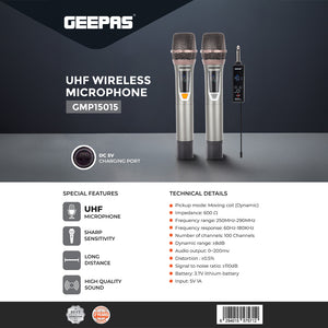 Geepas GMP15015 UHF Wireless Microphone System | Dual Microphone| Long-Distance UHF Connectivity| 100 Selectable Channels| High Sensitivity Audio Output| 2 Years Warranty