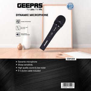 Geepas GMP3906 Dynamic Microphone | High Sensitivity Vocal Pickup | Low-Noise Clear Audio Performance | Durable 5.6×5m Cable for Flexible Setup | 2 Years Warranty