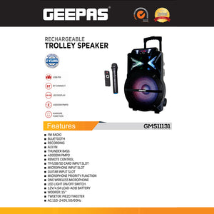 Geepas GMS11131 Rechargeable Trolley Speaker | Bluetooth Karaoke Speaker with 15" Woofer | 40000W PMPO Output | Bluetooth Wireless Streaming | Thunder Bass Technology