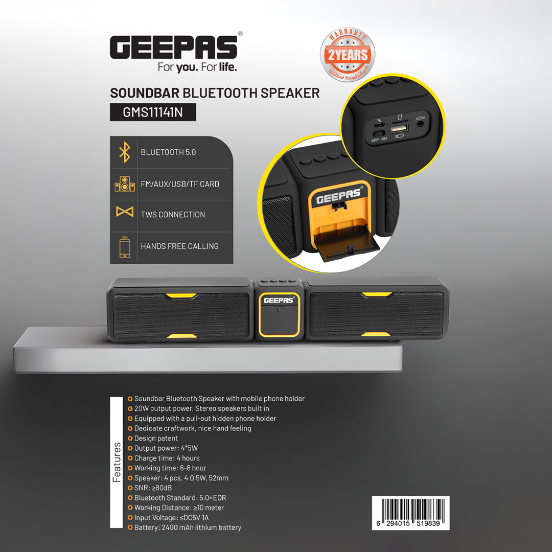 Geepas GMS11141UK Soundbar Bluetooth Speaker | Powerful 20W Stereo Output | 4 Built-In Speakers| TWS Connectivity| Bluetooth 5.0| FM/USB/TF/AUX Support| 2 Years Warranty