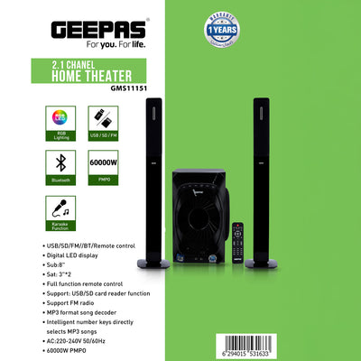 Geepas GMS11151 2.1 Channel Home Theater System |60000W PMPO, Bluetooth, USB, SD, FM, RGB LED, Karaoke & Remote Control  8-Inch Subwoofer | Dual 3-Inch Satellite Speakers