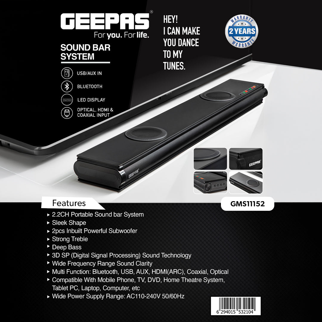 Geepas GMS11152 2.2CH Sound Bar System | Dual Inbuilt Subwoofers| Bluetooth| HDMI(ARC)| USB| AUX| Optical & Coaxial Inputs| 3D SP DSP Sound| LED Display| 2-Year Warranty
