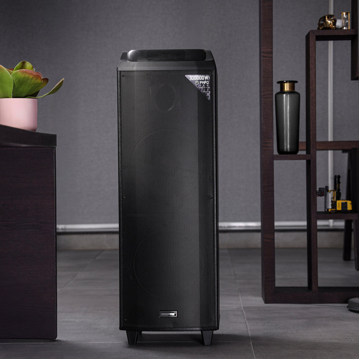 Geepas Rechargeable Professional Speaker- GMS11153/ UHF Mic, USB, TF, TWS, Bluetooth and FM Radio/ Includes Remote Control, Laser Light and LED Panel, Black