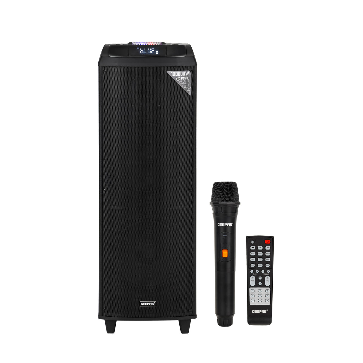 Geepas Rechargeable Professional Speaker- GMS11153/ UHF Mic, USB, TF, TWS, Bluetooth and FM Radio/ Includes Remote Control, Laser Light and LED Panel, Black