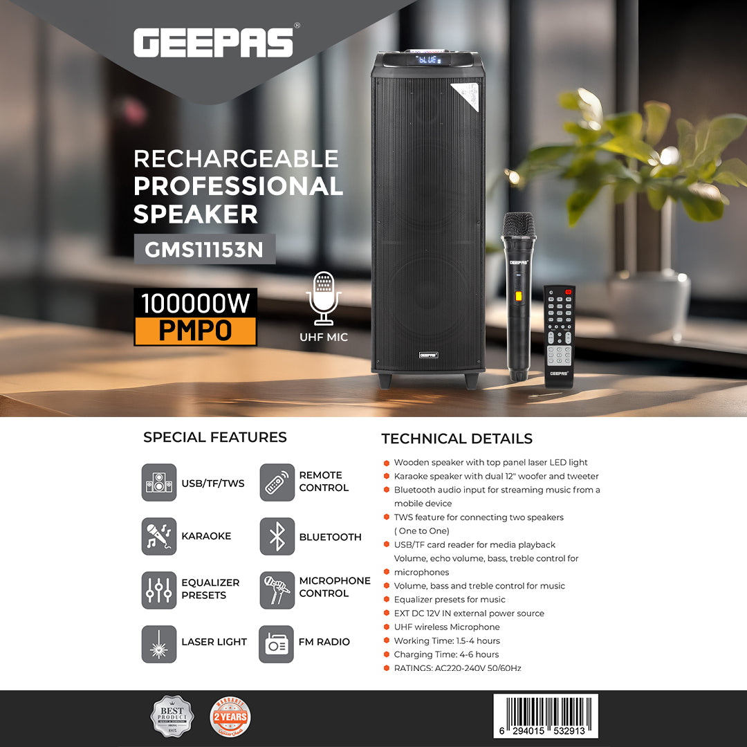 Geepas GMS11153 Rechargeable Professional Speaker with UHF Mic | Bluetooth Party Speaker | True Wireless Stereo |UHF wireless microphone | External DC 12V power input