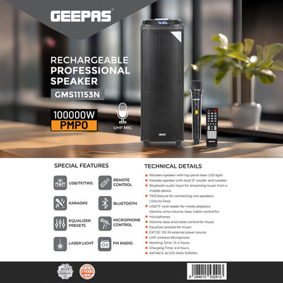Geepas GMS11153 Rechargeable Professional Speaker with UHF Mic | Bluetooth Party Speaker | True Wireless Stereo |UHF wireless microphone | External DC 12V power input