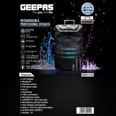 Geepas GMS11154 Rechargeable Professional Speaker | 60000W PMPO | Bluetooth| TWS Connection| FM Radio| LED Display| Dual Wireless Microphones|15” Woofer | 2-Year Warranty