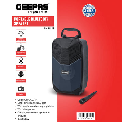 Geepas GMS11156 Portable Bluetooth Speaker | USB/TF/FM/AUX Support | Large Circle Dazzle LED Light | With Microphone| Easy Carry Handle| DC 5V Input | 2-Year Warranty