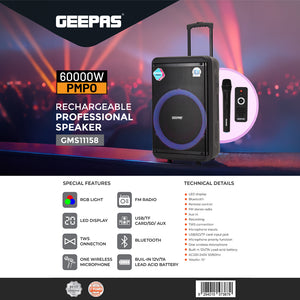 Geepas GMS11158 Rechargeable Speaker | 60000W PMPO High-Power |Bluetooth| RGB Light Effects| FM Radio| USB/TF/SD Inputs| TWS Function| Wireless Mic | 2 Years Warranty