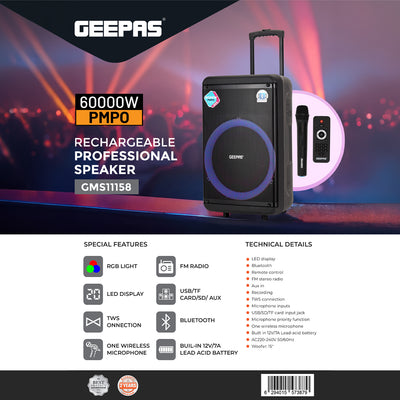 Geepas GMS11158 Rechargeable Speaker | 60000W PMPO High-Power |Bluetooth| RGB Light Effects| FM Radio| USB/TF/SD Inputs| TWS Function| Wireless Mic | 2 Years Warranty