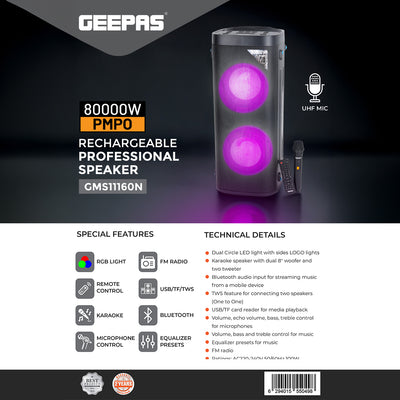 Geepas GMS11160 Rechargeable Professional Speaker with dual 8” woofers| Bluetooth| RGB LED| TWS| FM radio| USB/TF| UHF mic and full karaoke features| 2 Years Warranty