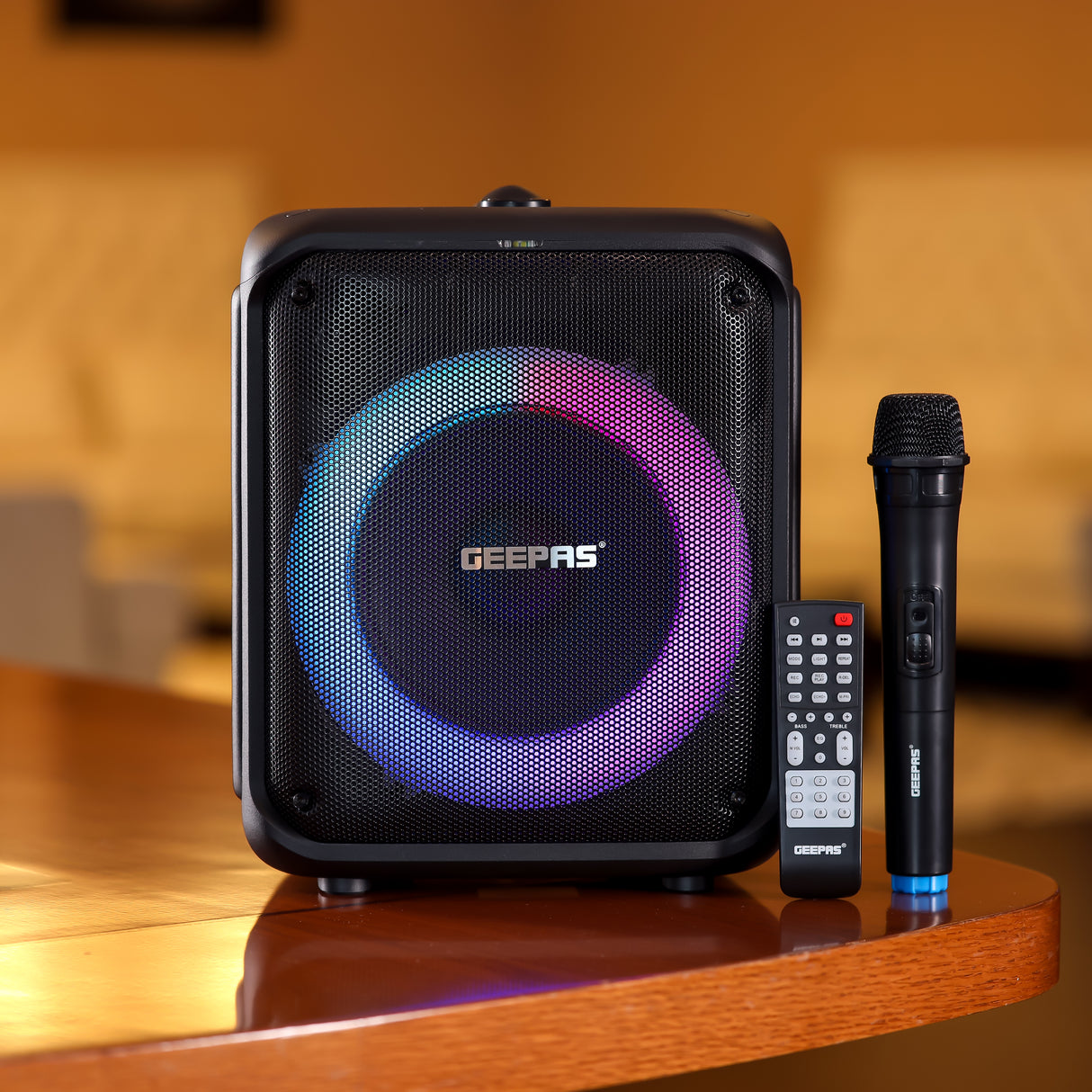 Geepas Portable And Rechargeable Party Speaker- GMS11161| Bluetooth, TWS Function and FM Radio| Lightweight and Portable Design, With Color Control LED Light