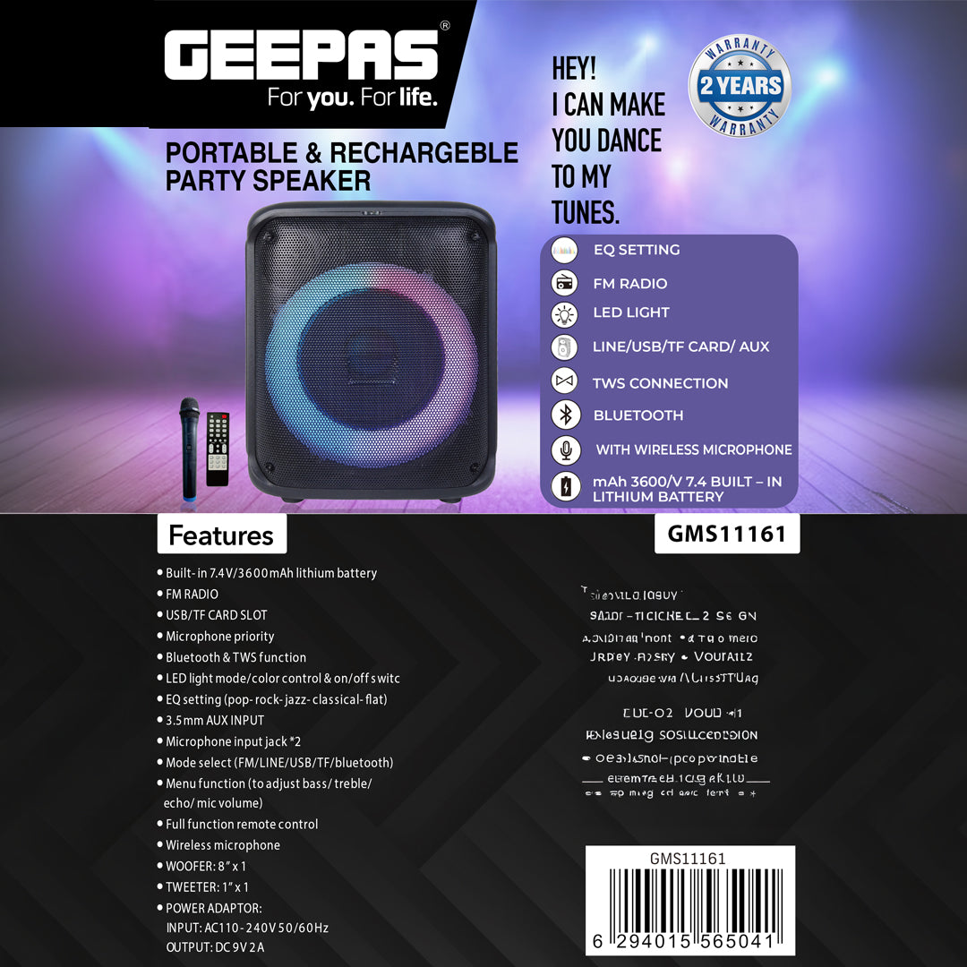 Geepas GMS11161 Portable Party Speaker with Powerful 8-Inch Woofer| Dynamic LED Lights| Bluetooth Streaming| TWS Stereo Pairing| Wireless Microphone|  2 Years Warranty