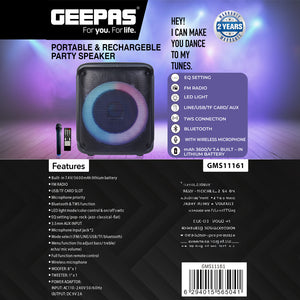 Geepas GMS11161 Portable Party Speaker with Powerful 8-Inch Woofer| Dynamic LED Lights| Bluetooth Streaming| TWS Stereo Pairing| Wireless Microphone|  2 Years Warranty