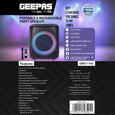 Geepas GMS11161 Portable Party Speaker with Powerful 8-Inch Woofer| Dynamic LED Lights| Bluetooth Streaming| TWS Stereo Pairing| Wireless Microphone|  2 Years Warranty