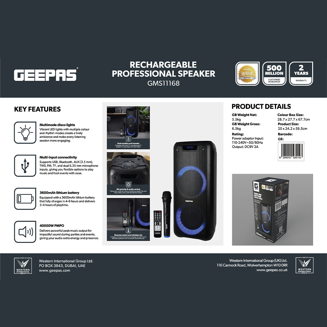 Geepas GMS11168 Rechargeable Professional Speaker | 40000W PMPO Bluetooth TWS | Bluetooth wireless music streaming | Multi-mode LED disco lighting effects | LED display