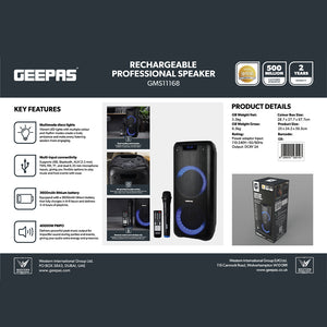 Geepas GMS11168 Rechargeable Professional Speaker | 40000W PMPO Bluetooth TWS | Bluetooth wireless music streaming | Multi-mode LED disco lighting effects | LED display