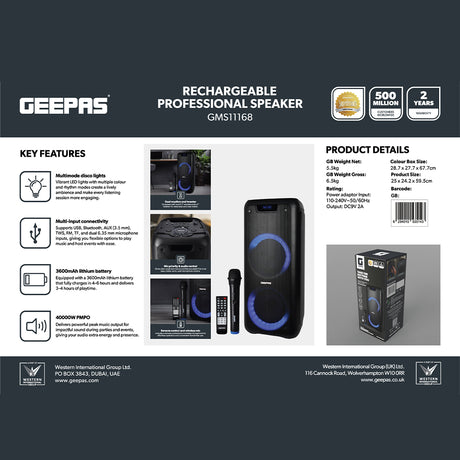 Geepas GMS11168 Rechargeable Professional Speaker | 40000W PMPO Bluetooth TWS | Bluetooth wireless music streaming | Multi-mode LED disco lighting effects | LED display