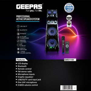 Geepas Professional Active Speaker System GMS11169 with Bluetooth| UHF Microphone| LED Display| Graphic Equalizer| X-Bass Control| FM Radio| USB/SD/TF & Remote Control