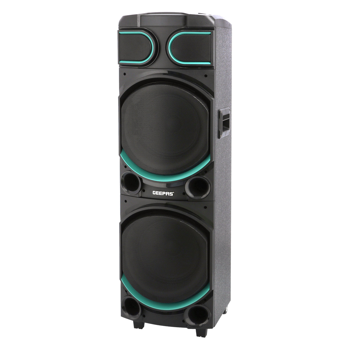 Geepas GMS11170 Rechargeable Professional Speaker | 80000W PMPO| Dual 10” Woofers| Bluetooth| USB/TF, FM, TWS Function, UHF Mic Support| LED Light Modes| 2 Years Warranty