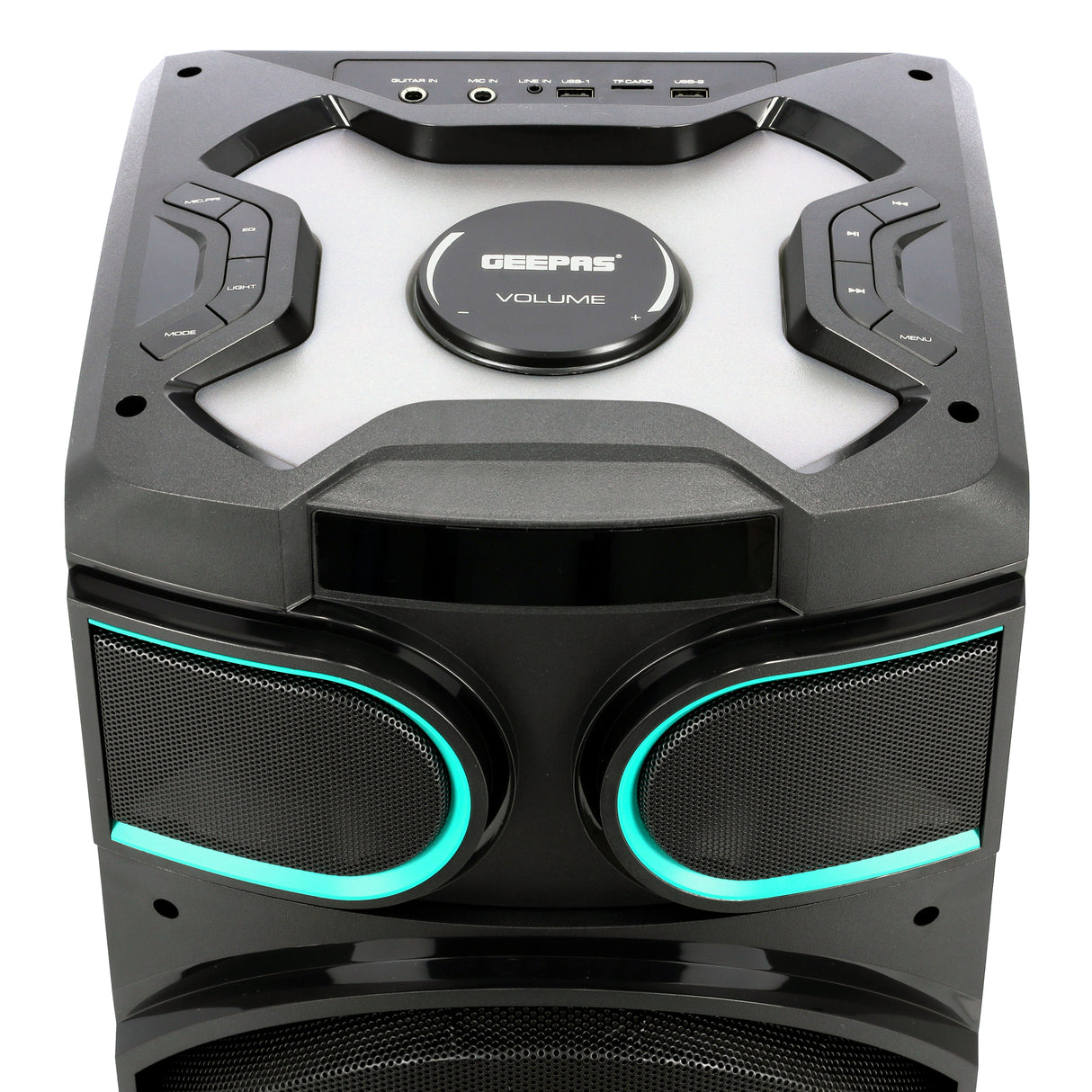 Geepas GMS11170 Rechargeable Professional Speaker | 80000W PMPO| Dual 10” Woofers| Bluetooth| USB/TF, FM, TWS Function, UHF Mic Support| LED Light Modes| 2 Years Warranty