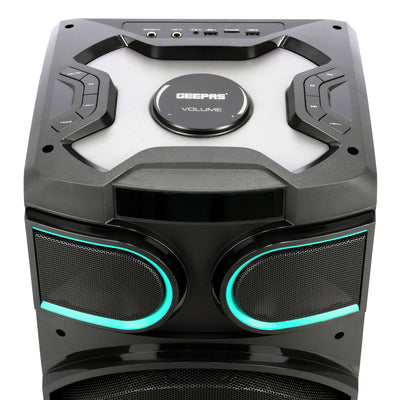 Geepas GMS11170 Rechargeable Professional Speaker | 80000W PMPO| Dual 10” Woofers| Bluetooth| USB/TF, FM, TWS Function, UHF Mic Support| LED Light Modes| 2 Years Warranty