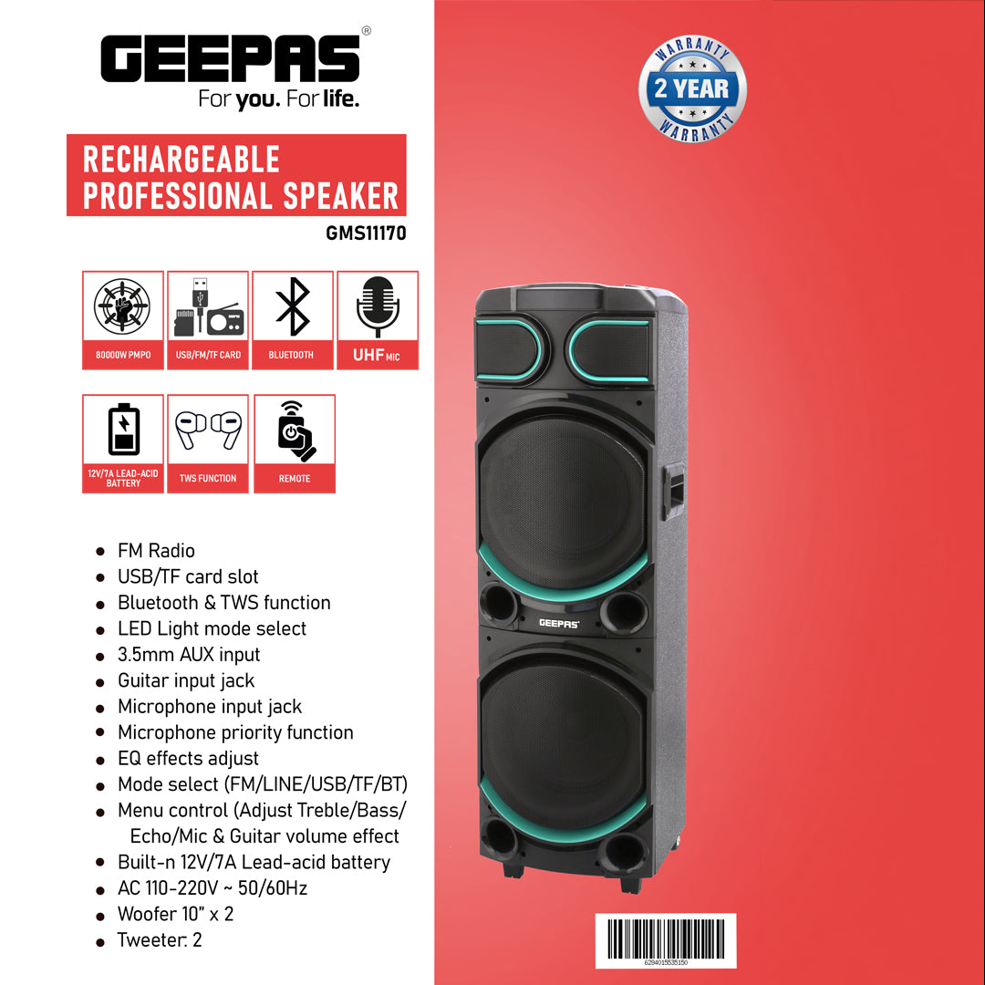 Geepas GMS11170 Rechargeable Professional Speaker | 80000W PMPO| Dual 10” Woofers| Bluetooth| USB/TF, FM, TWS Function, UHF Mic Support| LED Light Modes| 2 Years Warranty