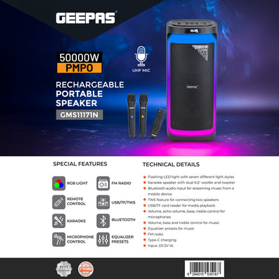 Geepas Rechargeable Professional Speaker- GMS11171/ RGB Light, USB Input, TF, TWS, FM Radio, UHF Microphone, Bluetooth/ 50000W PMPO Speakers Unit, Black, 2 Years Warranty