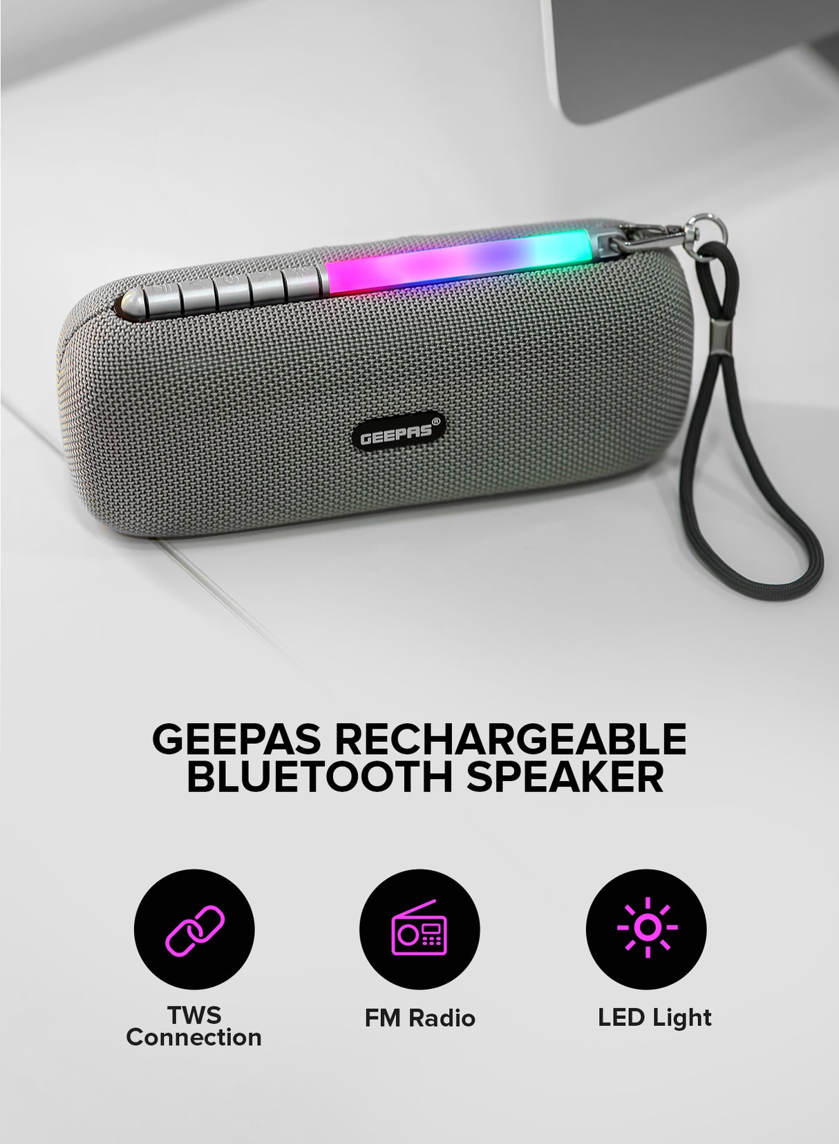 Geepas Rechargeable Bluetooth Speaker- GMS11172| Bluetooth, TWS Function and FM Radio| Lightweight and Portable Design, Hands-Free Calling | Grey