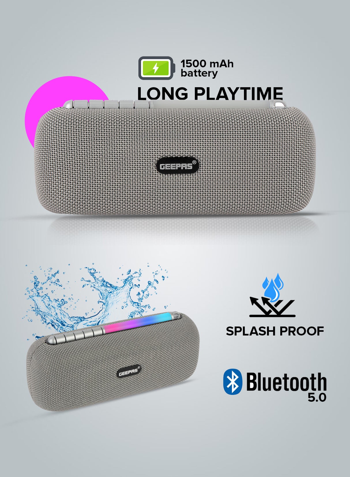 Geepas Rechargeable Bluetooth Speaker- GMS11172| Bluetooth, TWS Function and FM Radio| Lightweight and Portable Design, Hands-Free Calling | Grey