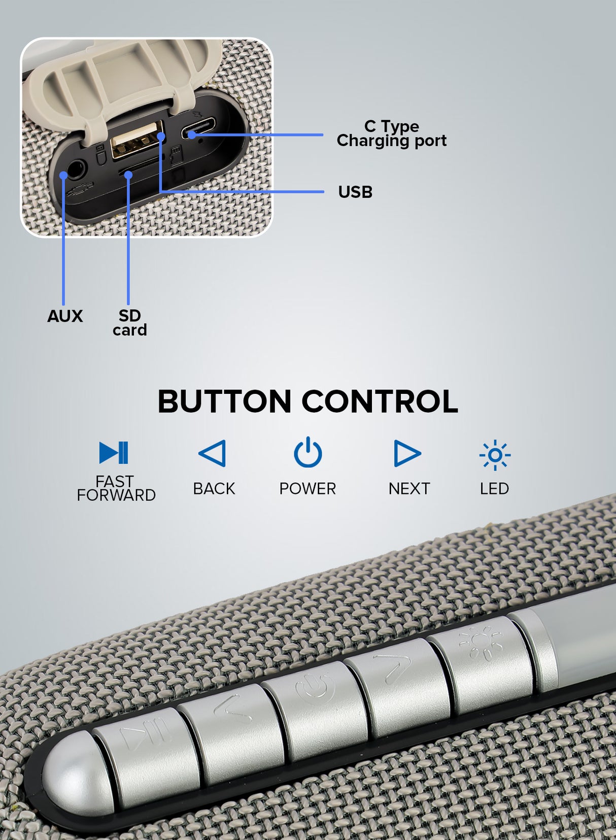 Geepas Rechargeable Bluetooth Speaker- GMS11172| Bluetooth, TWS Function and FM Radio| Lightweight and Portable Design, Hands-Free Calling | Grey