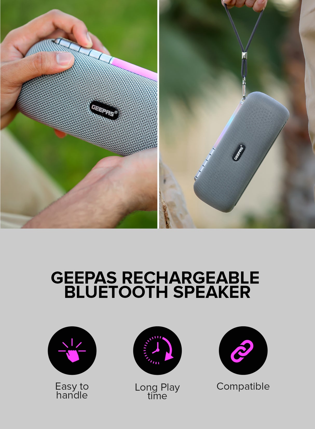 Geepas Rechargeable Bluetooth Speaker- GMS11172| Bluetooth, TWS Function and FM Radio| Lightweight and Portable Design, Hands-Free Calling | Grey