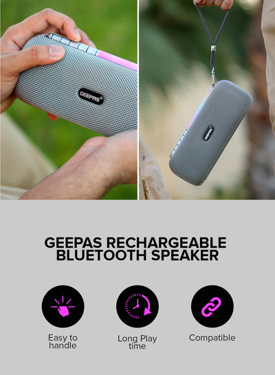 Geepas Rechargeable Bluetooth Speaker- GMS11172| Bluetooth, TWS Function and FM Radio| Lightweight and Portable Design, Hands-Free Calling | Grey