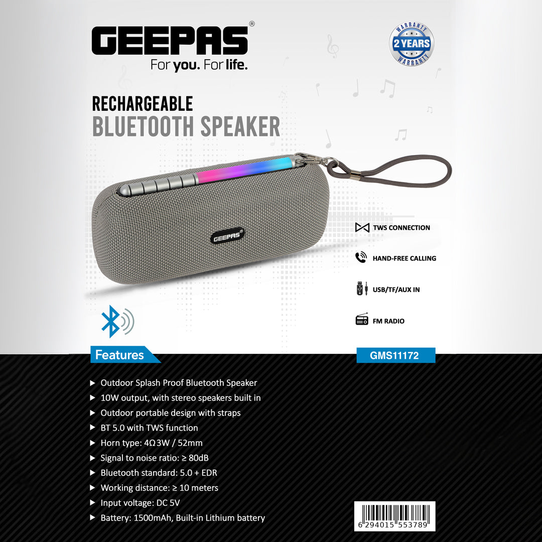Geepas GMS11172 Rechargeable Bluetooth Speaker |10W Powerful Stereo Output| TWS Connectivity|  USB/TF/AUX/FM Support| Hands-Free Calling| Portable Design|2 Years Warranty