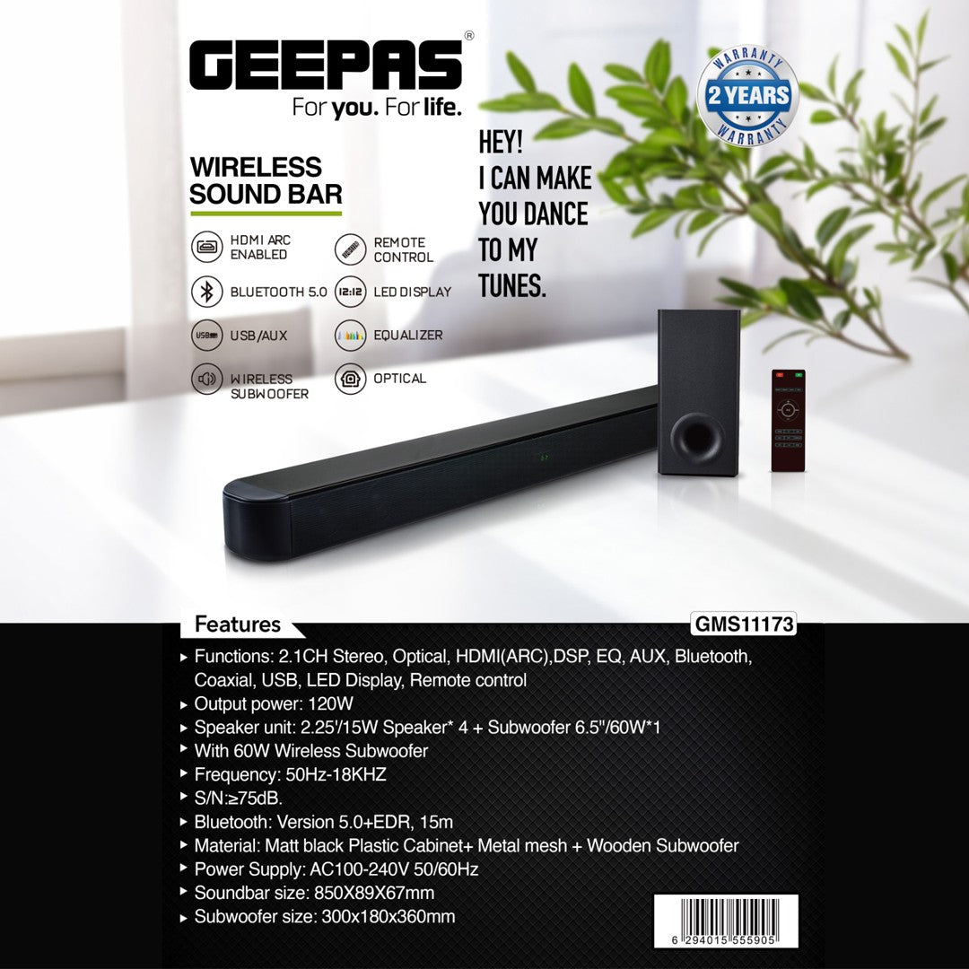 Geepas GMS11173 2.1CH Wireless Sound Bar | 120W Output Power| HDMI ARC| Bluetooth 5.0 + EDR | Optical/Coaxial/USB/AUX Inputs | Wireless 6.5” Subwoofer | 2-Year Warranty