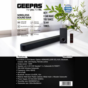 Geepas GMS11173 2.1CH Wireless Sound Bar | 120W Output Power| HDMI ARC| Bluetooth 5.0 + EDR | Optical/Coaxial/USB/AUX Inputs | Wireless 6.5” Subwoofer | 2-Year Warranty