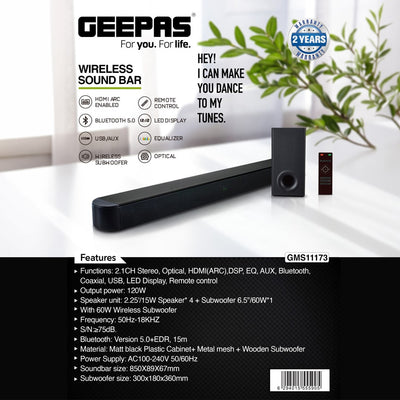Geepas GMS11173 2.1CH Wireless Sound Bar | 120W Output Power| HDMI ARC| Bluetooth 5.0 + EDR | Optical/Coaxial/USB/AUX Inputs | Wireless 6.5” Subwoofer | 2-Year Warranty