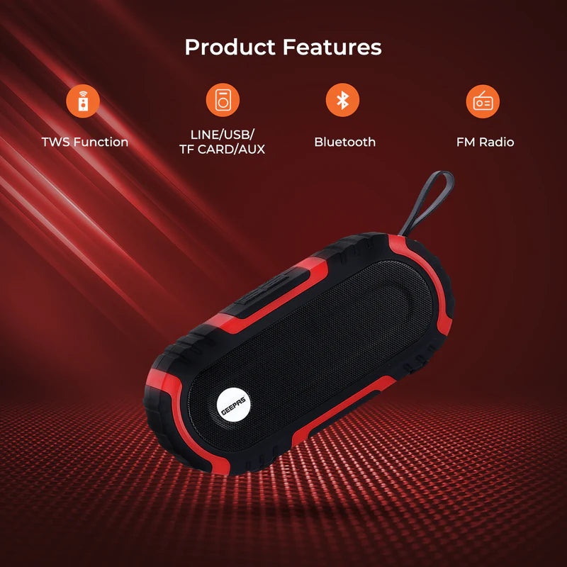 Geepas GMS11180 Rechargeable Bluetooth Speaker | Dual Stereo Speakers| Bluetooth 5.0+EDR| TWS Pairing| Hands-Free Calling| USB/TF/AUX/FM| 1200mAh Battery| 2-Year Warranty